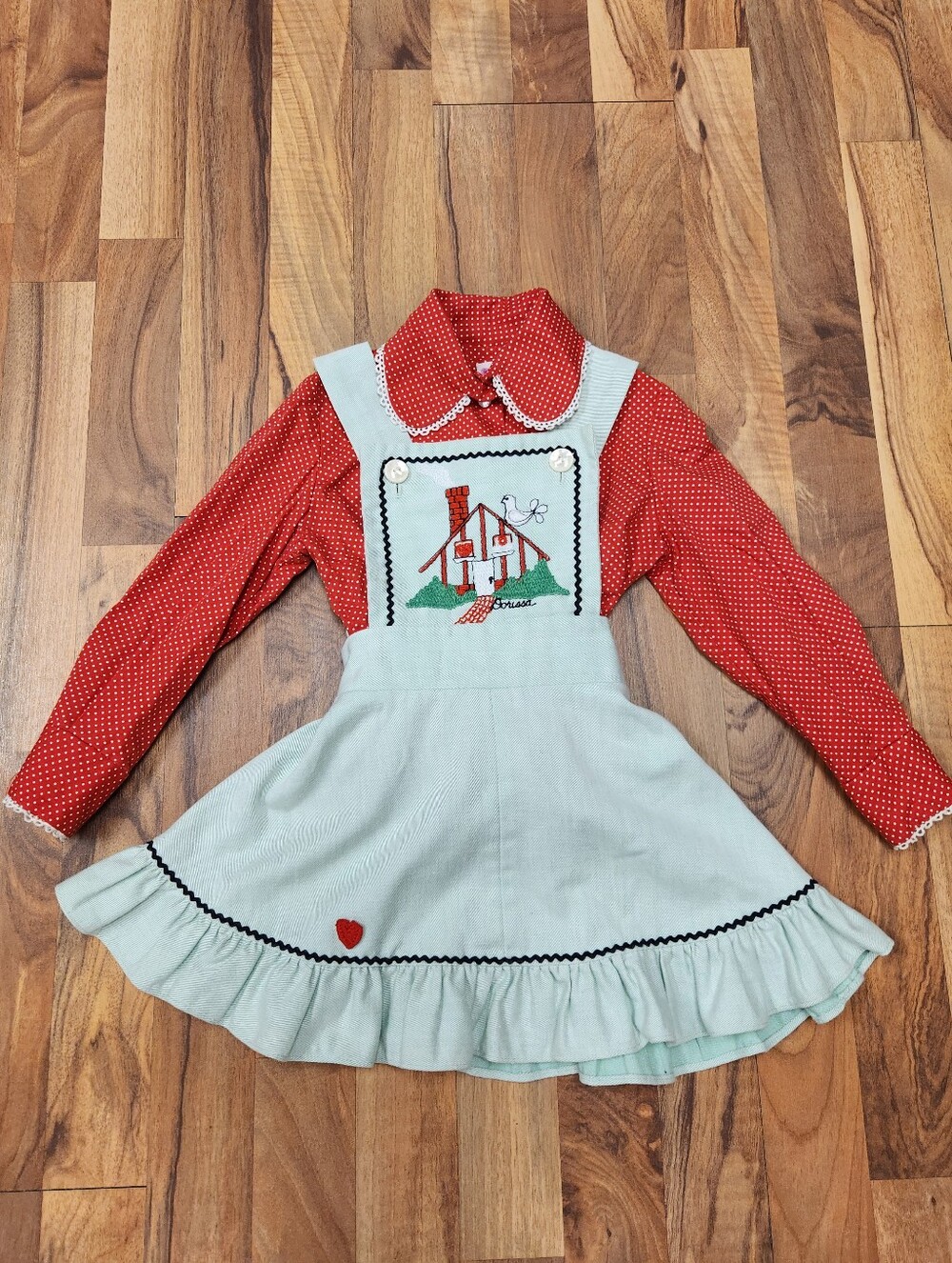 Vintage Dorissa Of Miami Pinafore Dress 60s Bird House Embroidered Girls Size 4